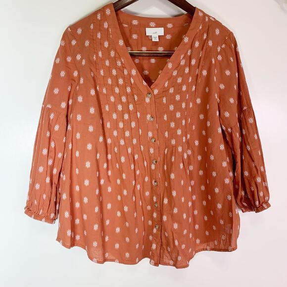 J. Jill Peasant Top Rust Orange Patterned V Neck Peasant Blouse button India MP - Picture 9 of 16